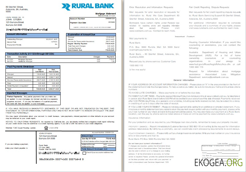 Australie Relevé hypothécaire d'une banque rurale, 2 pages, 1, 2 scr